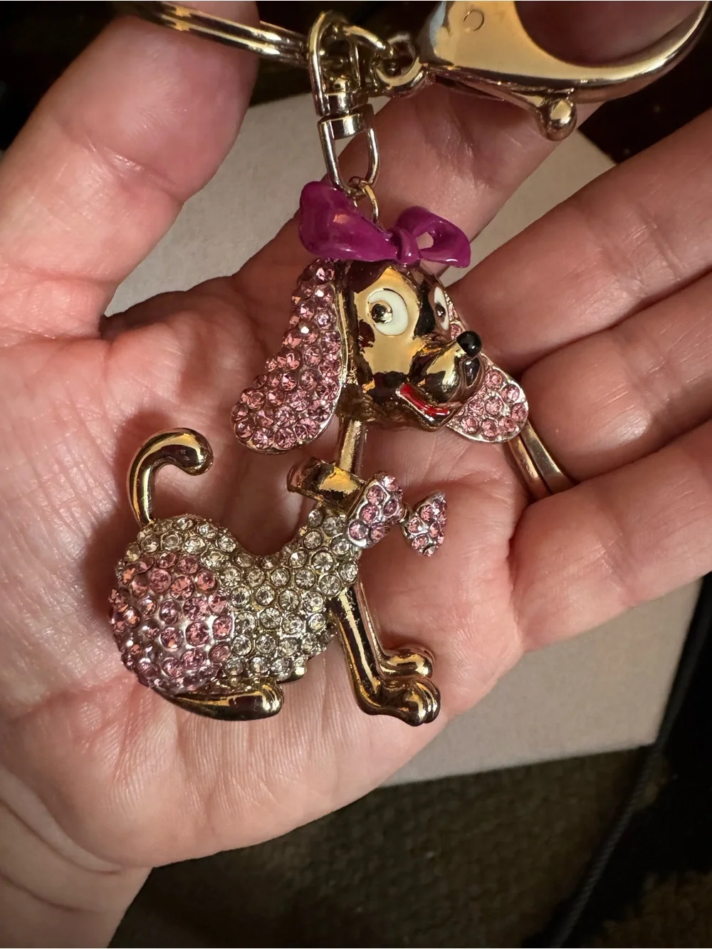 Sparkling Pink Poodle Gold Keychain Charm - Women's Accessory
